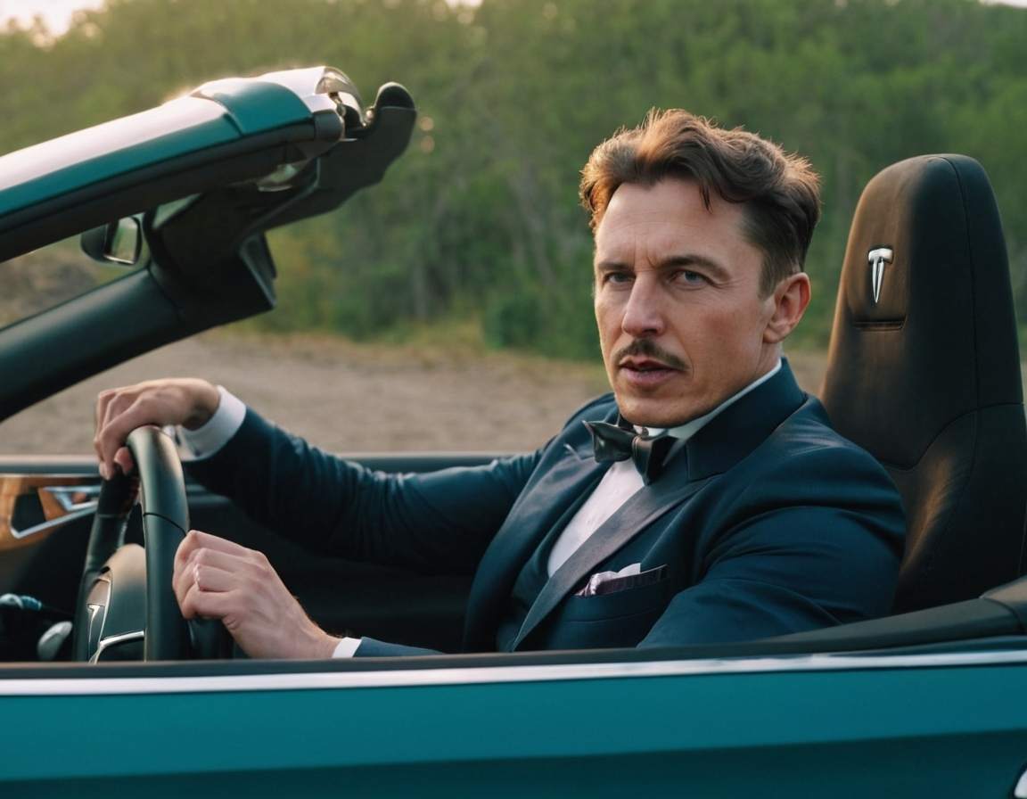 elon musk or tesla drive an AI-generated tesla clone car, as elon looks tesla-like