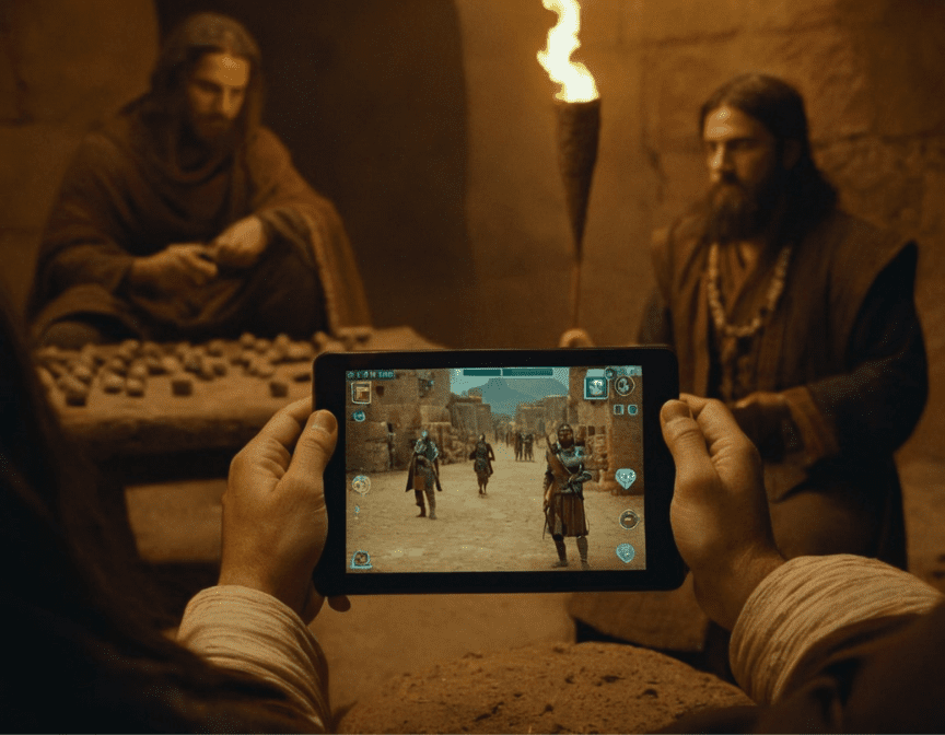 gaming in the olden days with physical game pieces versus high tech gaming on phone and tablet